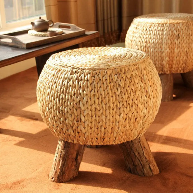 Rattan Pouf Hocker Holz | TERRA - Rattan Deko