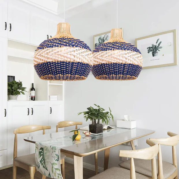 Blaue Rattan-Hängeleuchte Rattan Deko